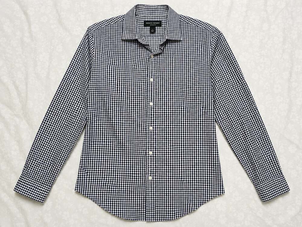 Banana Republic Camden Fit Gingham Shirt Men's L Tall Blue White Non Iron Cotton